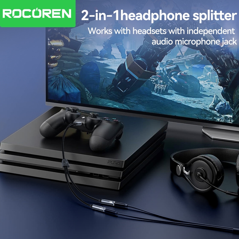 Rcoren สายสัญญาณเสียงไฮไฟ 3.5 มม. 2 IN 1 ชาย 2 พอร์ตหญิง Aux อะแดปเตอร์สายไมค์เสียง Y Splitter ลวดผ้าถักแจ็คเก็ตชุดหูฟังสําหรับ PC