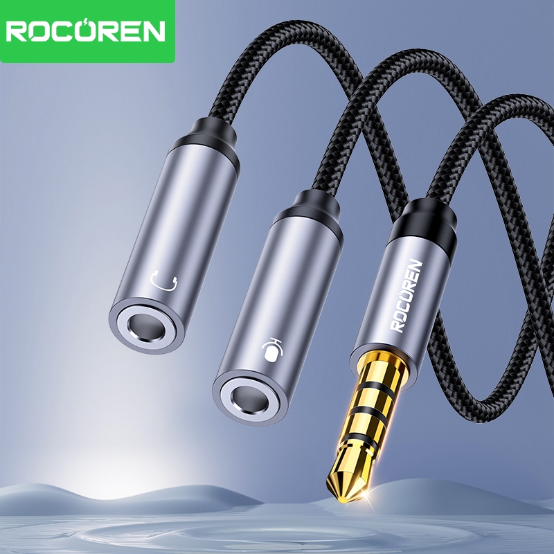 Rcoren สายสัญญาณเสียงไฮไฟ 3.5 มม. 2 IN 1 ชาย 2 พอร์ตหญิง Aux อะแดปเตอร์สายไมค์เสียง Y Splitter ลวดผ้าถักแจ็คเก็ตชุดหูฟังสําหรับ PC