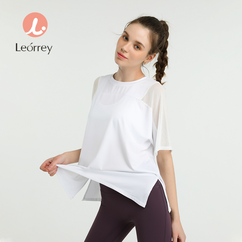 Leorrey กีฬาเสื้อยืดหลวมวิ่งปกเสื้อตาข่ายประกบกีฬาแขนสั้นออกกำลังกายโยคะเสื้อยืด