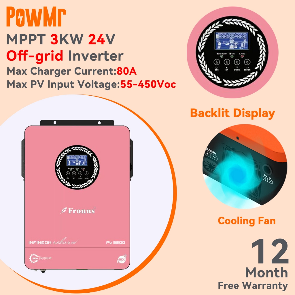 Powmr 3KW 24V Hybrid Solar Inverter 230Vac PV แรงดันไฟฟ้าเริ่มต้น 55Voc ในตัว 80A MPPT Solar Charge Controller 50/60Hz Auto Pure Sine Wave อินเวอร์เตอร์