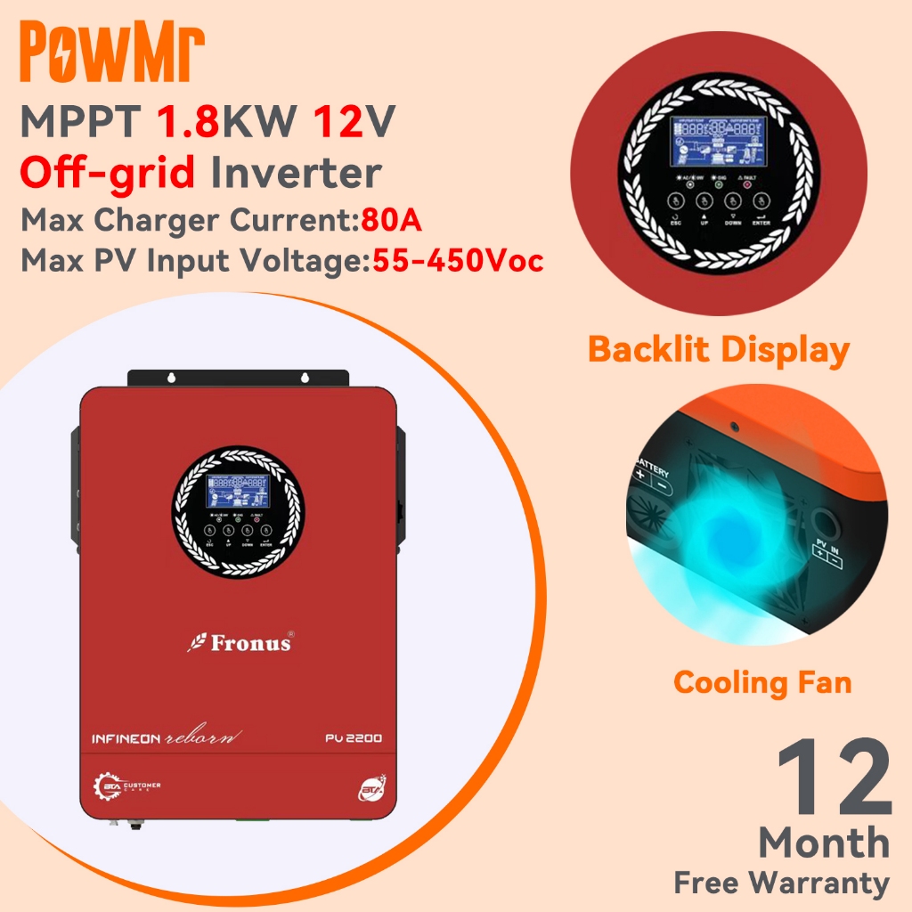 Powmr 1800W 12V Hybrid Solar Inverter 230Vac PV แรงดันไฟฟ้าเริ่มต้น 55Voc ในตัว 80A MPPT Solar Charge Controller 50/60Hz Auto Pure Sine Wave อินเวอร์เตอร์