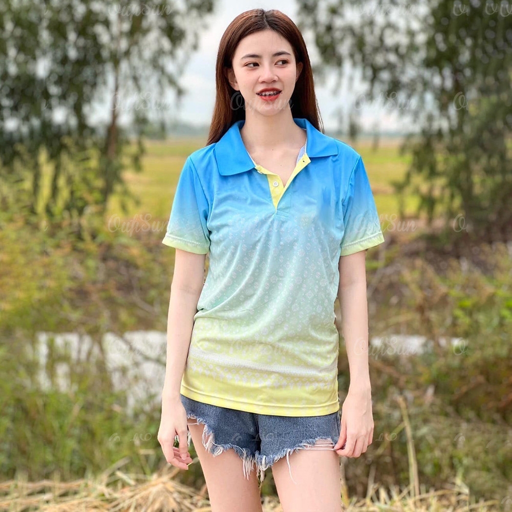 เสื้อโปโลผู้ชายของราชวงศ์ไทยลำลองฮาราจูกุแขนสั้นไล่ระดับสีพิมพ์เสื้อยืดโปโล unisex