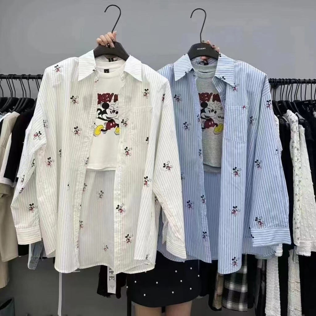 สไตล์เกาหลีผู้หญิงสุภาพสตรีลายหลวมขนาดใหญ่ถุงเสื้อแขนยาวเสื้อ