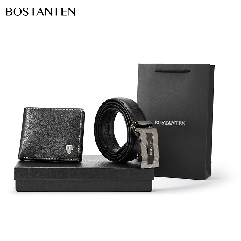 BOSTANTEN กระเป๋าสตางค์ผู้ชายและชุดเข็มขัด กระเป๋าสตางค์คุณภาพสูง เข็มขัดหัวเข็ม