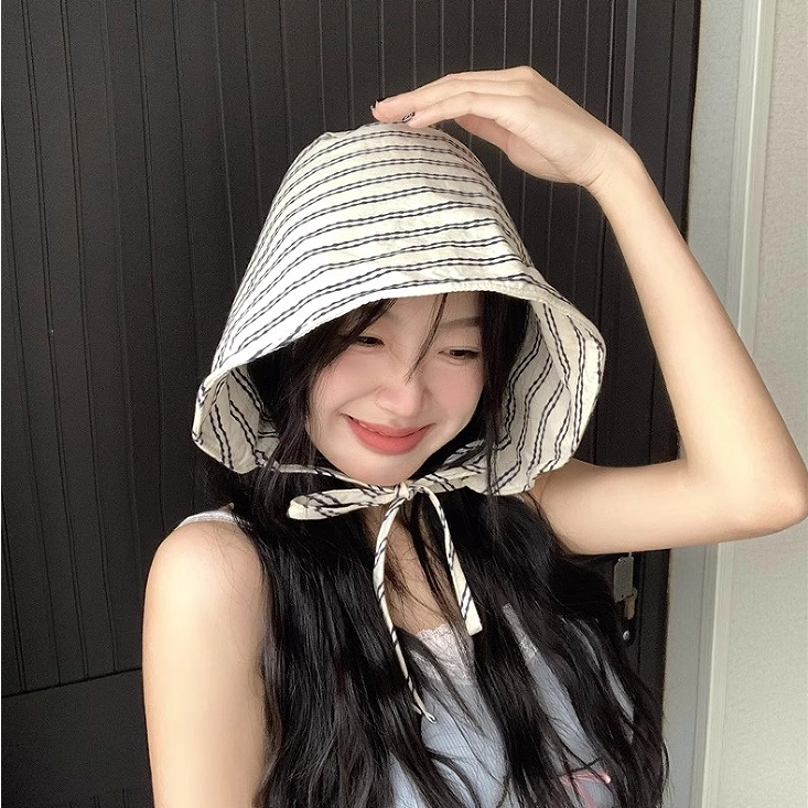 ฤดูร้อนผู้หญิงสไตล์ใหม่ภาษาฝรั่งเศสคํา Big-Brimed Bucket Hat Niche Stripes ดูขนาดเล็ก All-Match Face-Covering Bucket Sunshade