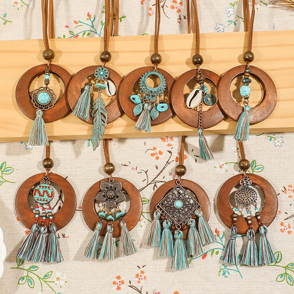 Bohemian ใหม่ชาติพันธุ์ไม้เรขาคณิตจี้สร้อยคอ Vintage Handmade พู่สร้อยคอสําหรับผู้หญิง Casual Party เครื่องประดับ