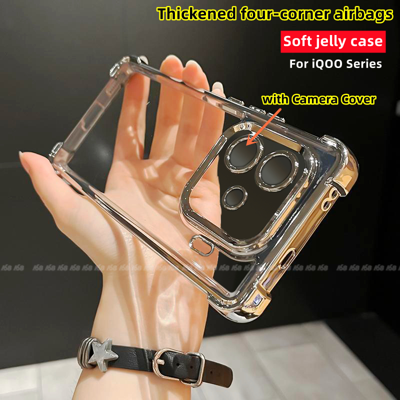 IQOO Z11X Z9 Z9X Z10 12 13 15 15R Neo 10 5G เคส iQOO Z9 Turbo 5G เคสกันกระแทกแบบใสวุ้นพร้อมตัวป้องกันเลนส์กล้อง เคสโทรศัพท์ ถุงลมนิรภัยหนา ขอบชุบด้วยไฟฟ้าใสหรูหรา