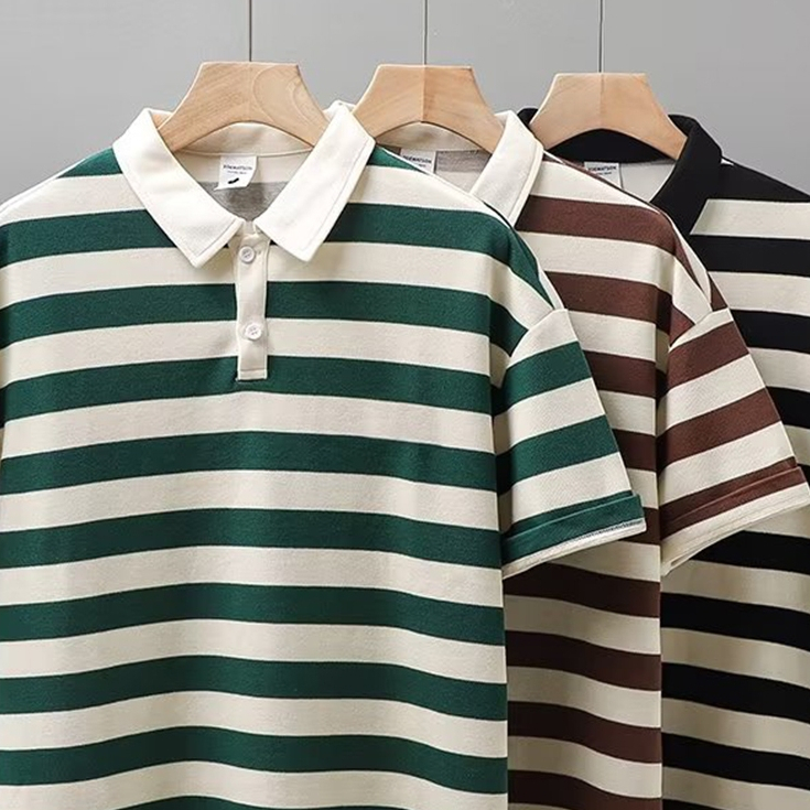 ⚡️Proman⚡️ [ 3 สี COD ]พร้อมส่ง เสื้อคอปกแขนสั้น ลายริ้ว ผ้าหนาไม่บาง ใส่สบาย สไตล์เกาหลี M-3XL