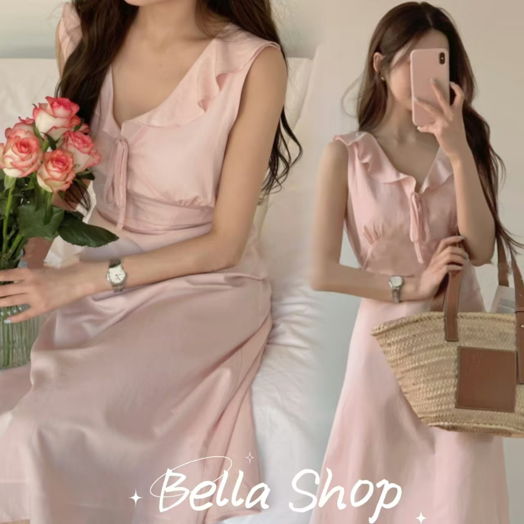 Bella Shop แขนกุดสไตล์ฝรั่งเศสกระโปรงยาวปานกลาง เก็บเอวดูผอมสไตล์หวาน ชุดเดรสฤดูร้อน