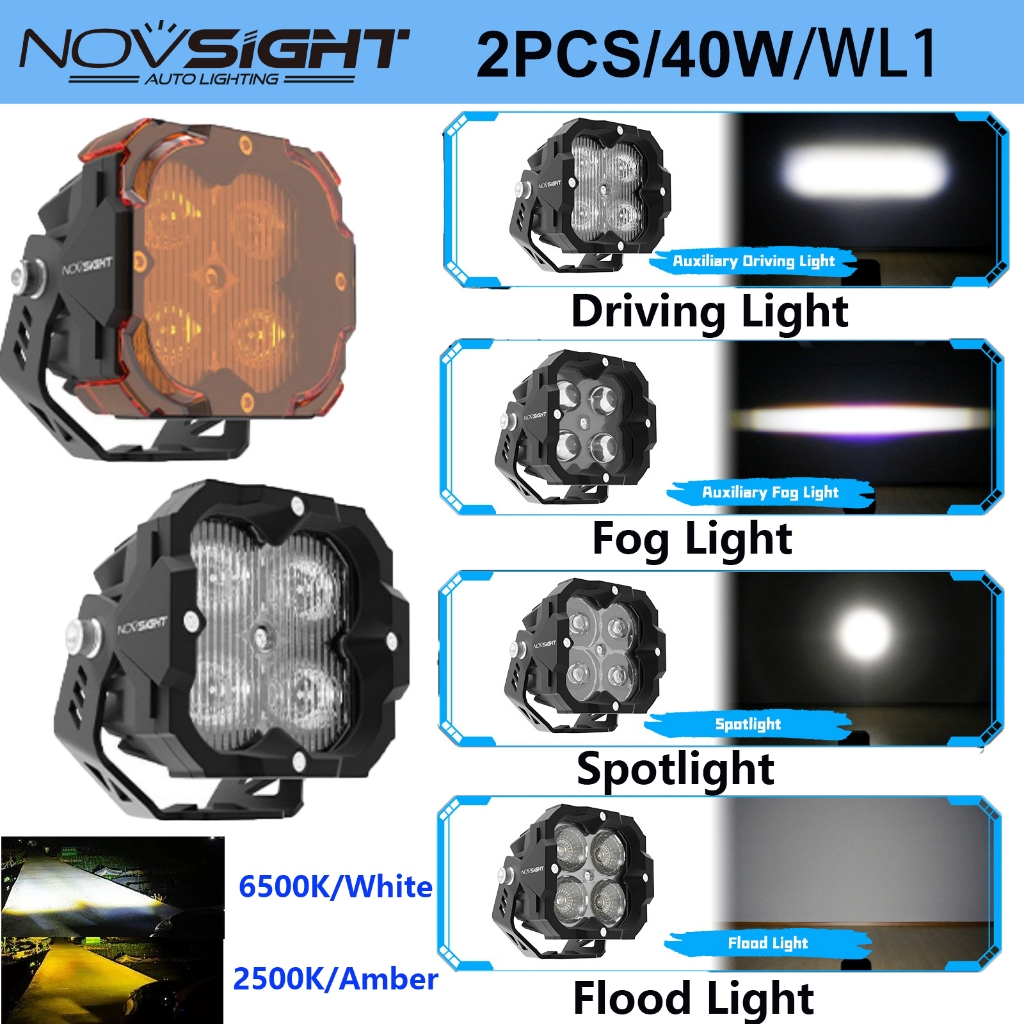 2-Pack 6500K สีขาว/2500K Amber 40W Novsight ทุกสภาพอากาศ 3 นิ้ว Cube ที่ถอดออกได้ LED Shade Off-Road รถเสริมขับรถ/ไฟตัดหมอก/Spotlight/Floodlight