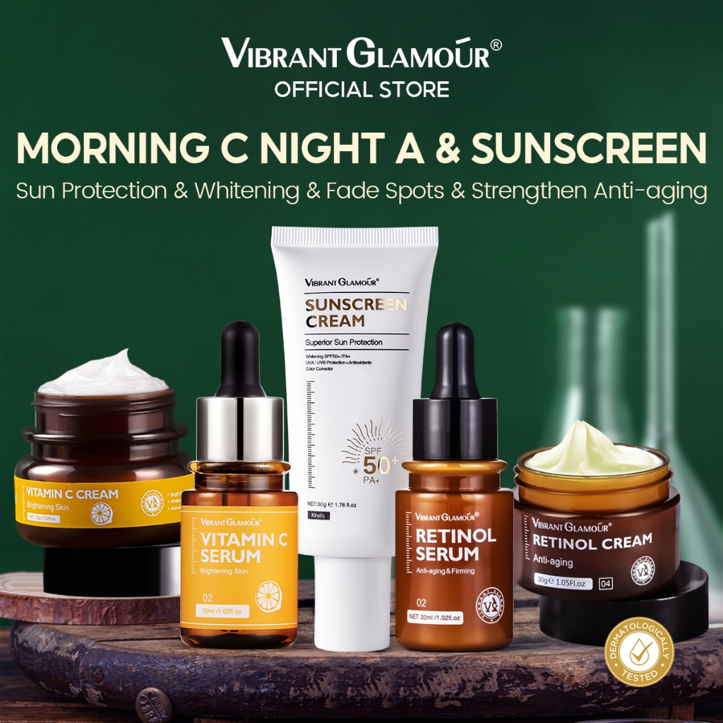 VIBRANT GLAMOUR ชุดครีมกันแดด วิตามินซี กรดไฮยารูลอนิก เรตินอล 2.5% ลดริ้วรอยแห่งวัย เมลามีซ่า 5 ชิ้น