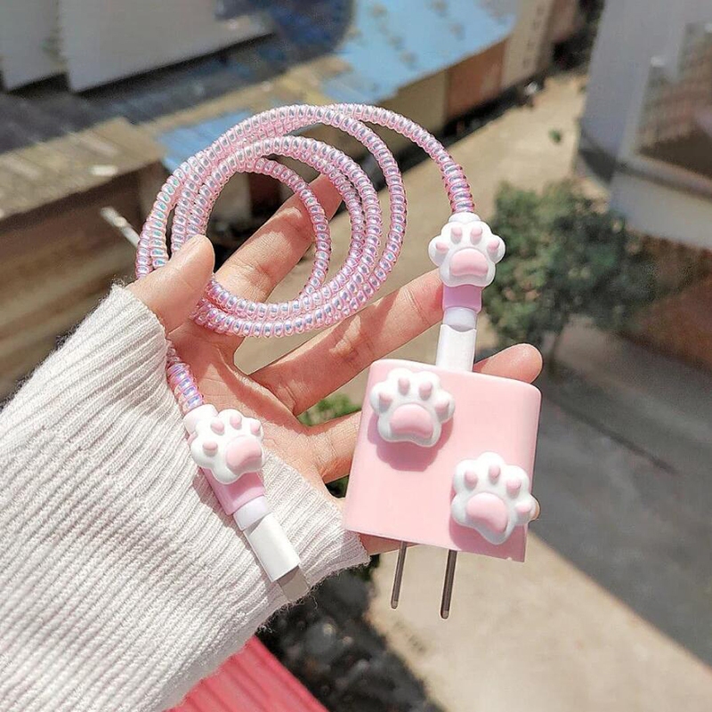Kawaii Cat Paw Cable Organizer Adapter Charger Cable Wrap Protector Line Wire Cable Winder Soft Cover สําหรับ iphone