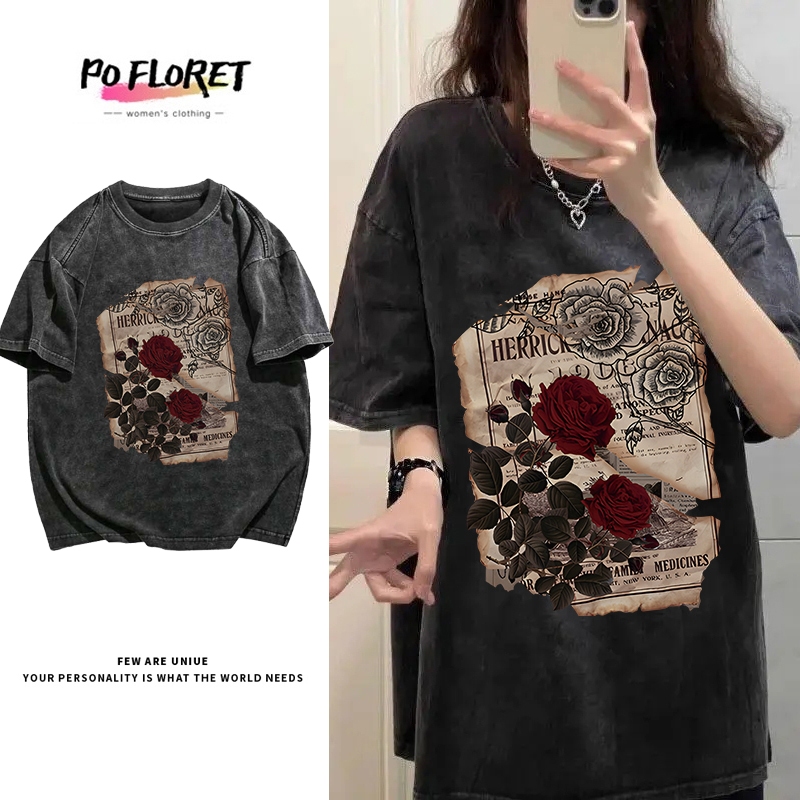 Pofloret เสื้อยืดฟอก oversize วินเทจ ผ้าฝ้าย100% โอเวอร์ไซซ์ สีดําเข้ม สไตล์ฮิปฮอป เรโทร #T1899