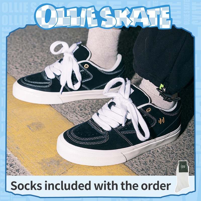 Bol21001 Ollieskate สีดําหนังนิ่มผ้าใบเย็บแฟชั่นลําลองผู้ชายผู้หญิงรองเท้าสเก็ตบอร์ดรองเท้ากีฬา