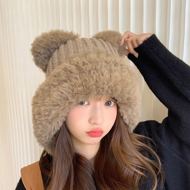 หมวกหูแมวญี่ปุ่นหญิงฤดูหนาวถักหมวกป้องกันหู เล่ย ฮ หมวกตุ๊กตาหมวกนุ่มสาวน่ารักหมวกขนสัตว์