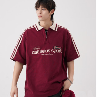 Proman-ฤดูร้อน ยอดนิยม แบบหลวม ซิปครึ่ง ปกพับ เสื้อยืด ชาย ส…