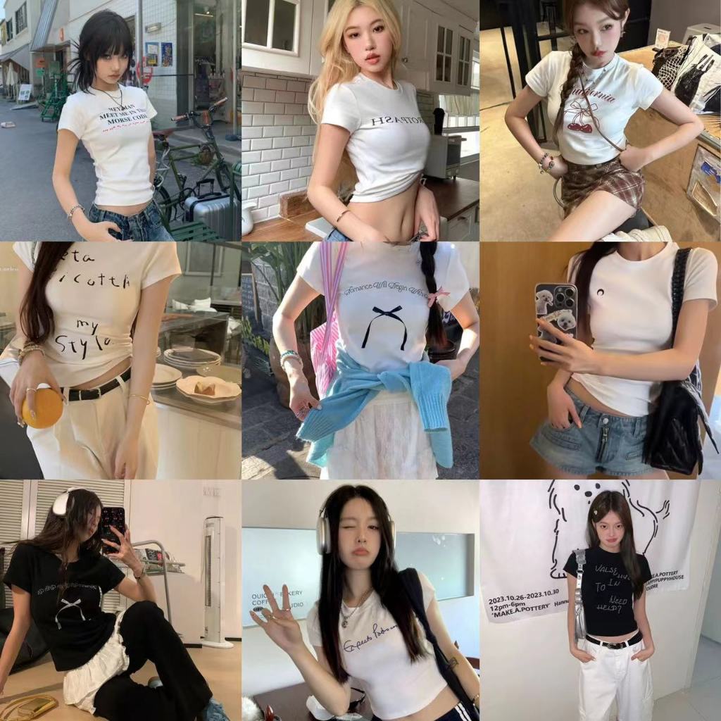 A009-0013 แขนสั้นสีขาวพิมพ์ลาย Slim-fit Slimmer Look Top A009-0013