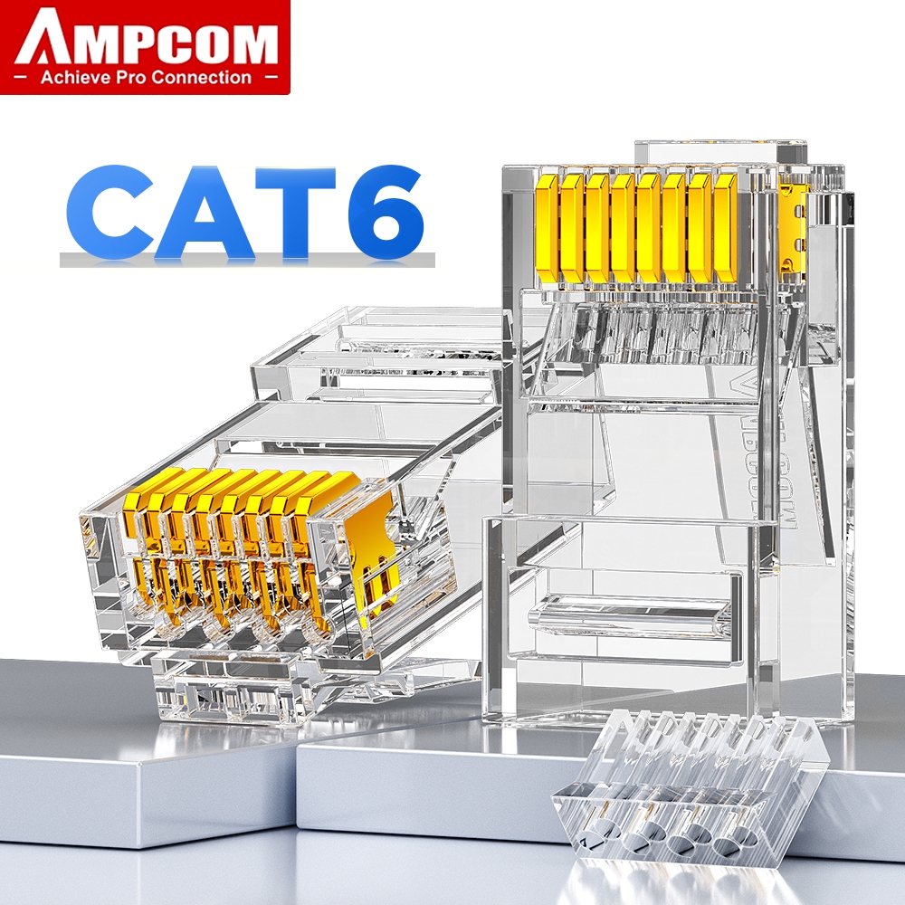 AMPCOM ตัวต่อ CAT6 RJ45, สายปลั๊กโมดูล RJ45, 30μ/50μ, สายปลั๊กต่อเพื่อสายอีเทอร์เน็ต UTP, ทองคำ 50μ, 8P8C ปลั๊กโมดูลสำหรับสายอีเทอร์เน็ต