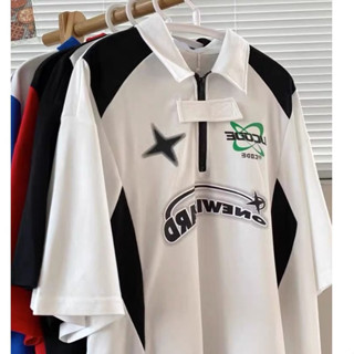 ⚡️Proman⚡️แบรนด์อินเทรนด์Ins Retro Streetสีตัดกันเสื้อโปโลแข…