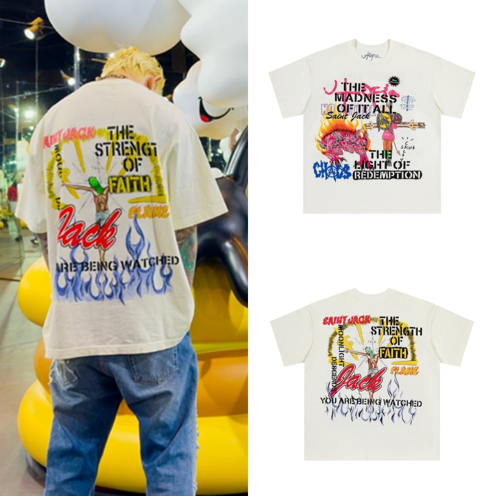 Travis Scott Cactus Jack x Utopia x SAINT Doll Flame Hell Dog เสื้อยืดผู้ชาย High Street คู่รัก Tee