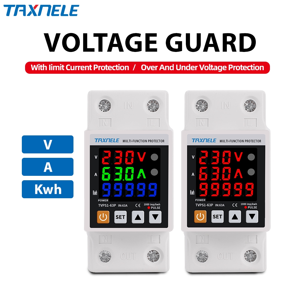 Taxnele 63A 230V 3IN1 Din rail ปรับภายใต้แรงดันไฟฟ้ากระแสป้องกัน Kwh Power วัตต์เมตร