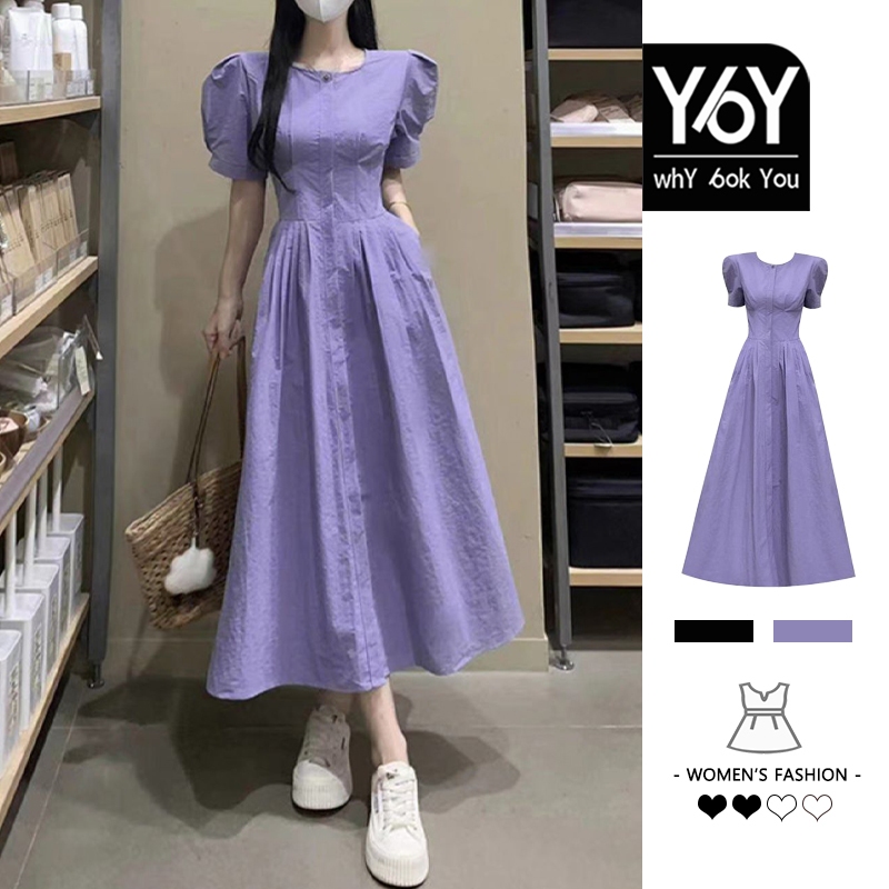 Y6y ชุดเดรสสุภาพสตรีแขนพัฟสีม่วงอารมณ์ฝรั่งเศส C6L43667 (สีม่วง)