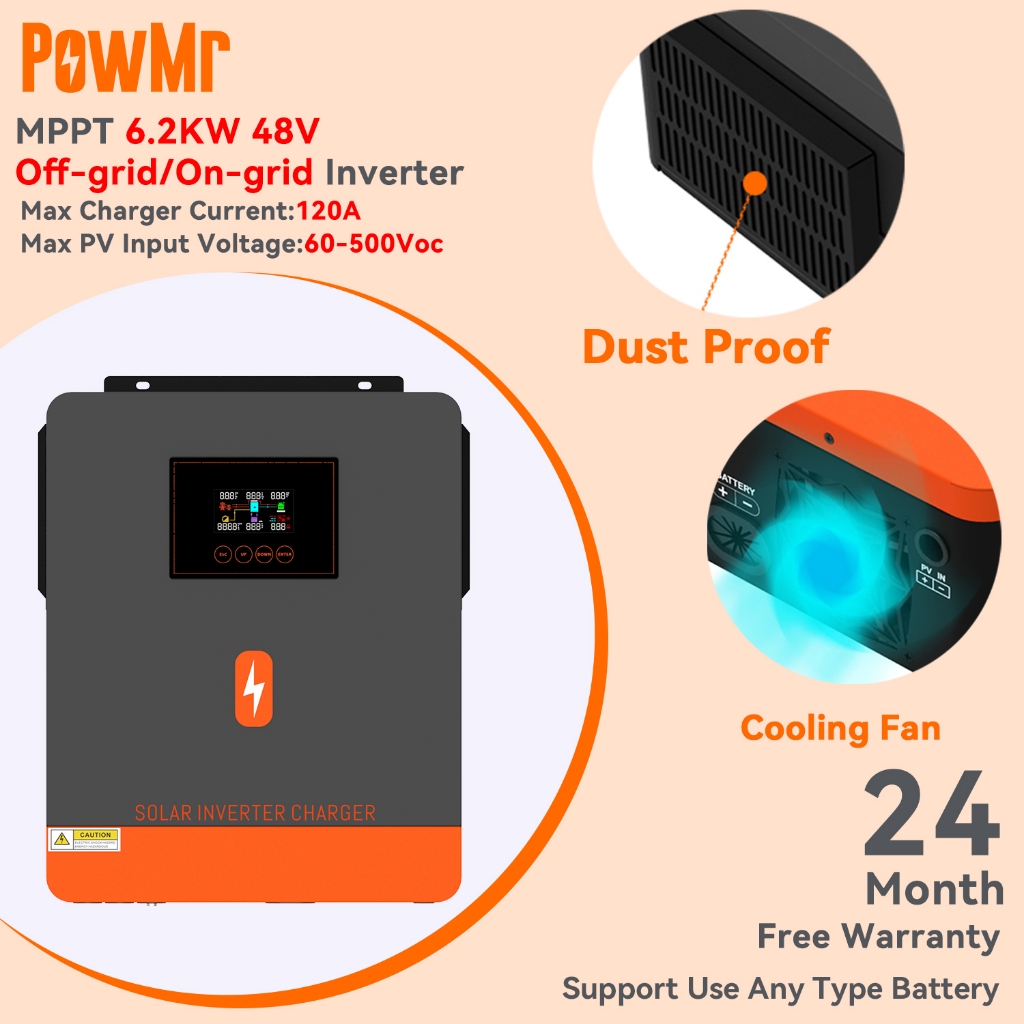 Low Startแรงดันไฟฟ้าpowmr MPPT 6.2KW Pure Sine Wave Solar Hybridอินเวอร์เตอร์ในตัว 120A Solar Charge Controller 230VACรองรับ48V Lifepo4 500VDCแบตเตอรี่สามารถทํางานโดยไม่ต้องแบตเตอรี่