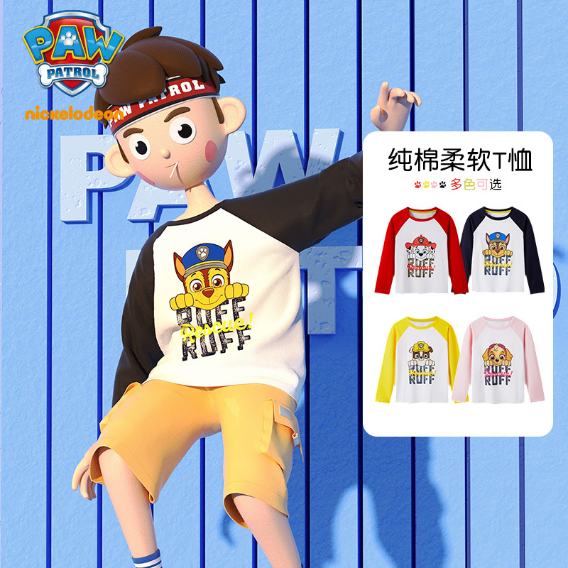 Paw Patrol Kids เสื้อยืดชายแขนยาว เสื้อผ้าฤดูร้อน หลวม ใหม่ เด็กทารกขนาดใหญ่และเล็กบนเด็กลาย