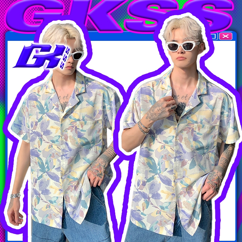 Gksss เสื้อแขนสั้นเสื้อคอคิวบาญี่ปุ่น Tie-Dye Seaside Vacation Style Top