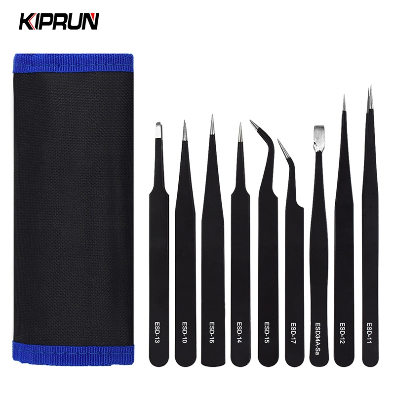 Kiprun 9PC Precision Tweezer Set, ESD Precision แหนบอุตสาหกรรม Antistatic แม่เหล็กแหนบชุดสําหรับ Electronics การประสาน