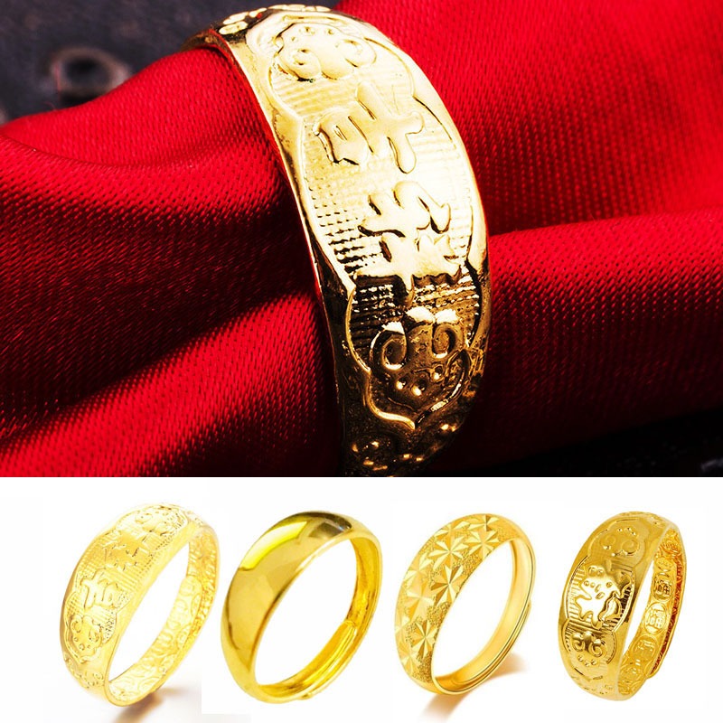 แหวนชุบทอง 916 แหวนดอกไม ้ แกะสลักโชคดีปรับได ้ 916 CINCIN EMAS