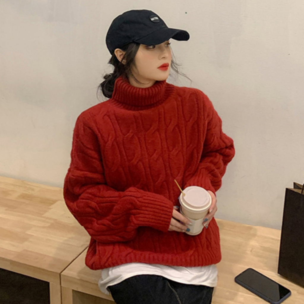 NZN ฤดูหนาวเบาะสีแดงคอเต่าเสื้อกันหนาวผู้หญิงสบายๆหลวมพอดีแขนยาวถัก