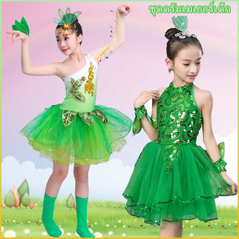 6-12 ปีกระโปรงบัลเล่ต์เด็ก แขนสั้น ปักเลื่อม ลายดอกไม้ สีเขียว ชุดดรัมเมเยอร์เด็ก ชุดเดรสเจ้าหญิง