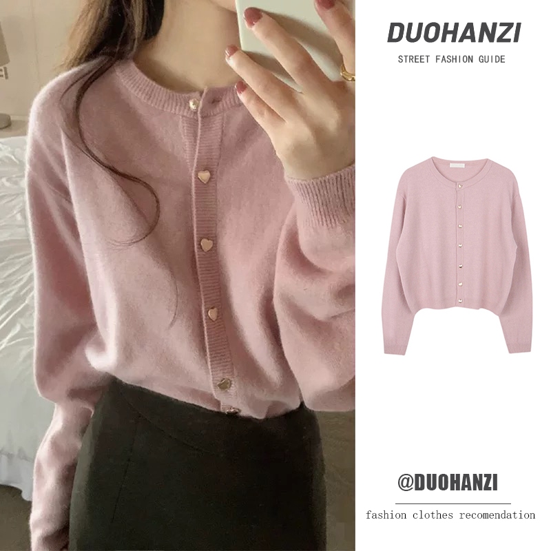 Duohanzi เสื้อกันหนาว คาร์ดิแกน คอกลม ผ้าถัก ทรงหลวม สีชมพู สไตล์เกาหลี เหมาะกับฤดูใบไม้ร่วง และฤดูหนาว สําหรับผู้หญิง