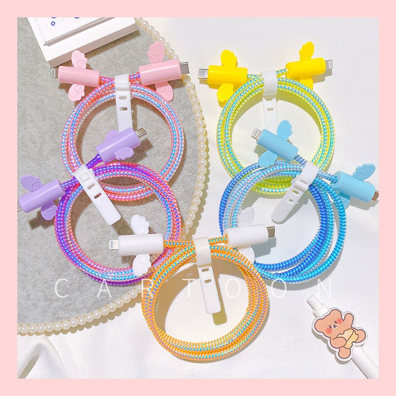 Kawaii Angel Wings USB ชาร์จสายเคเบิลป้องกันข้อมูลสายหูฟัง Winder สําหรับ iphone ลวดป้องกันโต๊ะ Organizer