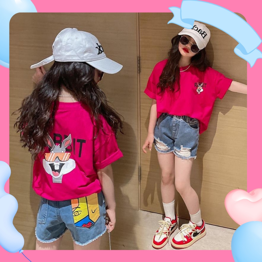 【จัดส่งจากประเทศไทย】เสื้อยืดผ้าฝ้ายขนาดใหญ่สําหรับเด็ก (วัยรุ่น สาวๆ) - ดีไซน์พิมพ์ลายน่ารักคอกลมเสื้อลําลองแขนสั้นอายุ เสื้อขยาย
