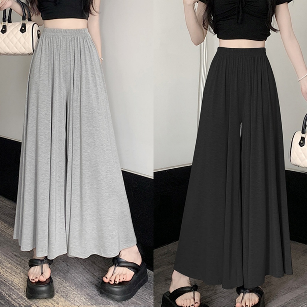 Luna Shop กางเกงขากว้างเอวสูงแบบลำลองฤดูร้อน กางเกงกระโปรงจีบหลวมๆ