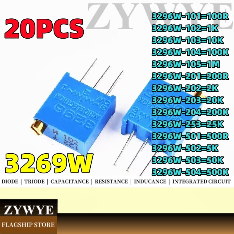 20pcs 3296W-1-103 3296X Ding ปรับ Multi-Ring ปรับ Potentiometer 3296W 101 102 103 104 105 201 202 203 204 253 502 503 504 100R/200R/500R/1K/10K/10K/ 502K/ 502K/ 502K/ 502K/ 502K/ 502K/20K/ 502K/ 502K/ 502K/ 502K/ 5010k/10k