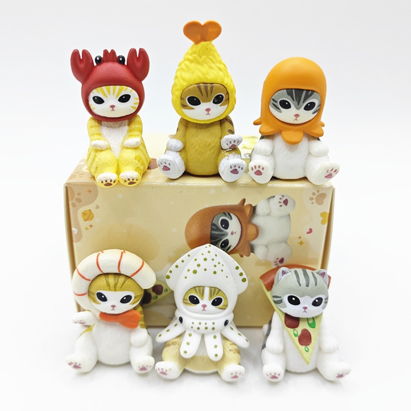6 ชิ้น/เซ็ต 3-4 ซม.อะนิเมะ Mofusand Shark Cat Marine Life กุ้งทอดแมวปลาหมึกแซนวิชปูรุ่น Q PVC Action