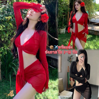 💗ส่งไวจากไทย🖤บิกินี่4ชิ้น ชุดว่ายน้ำแขนยาวสีแดงเสื้อคลุมกันแ…