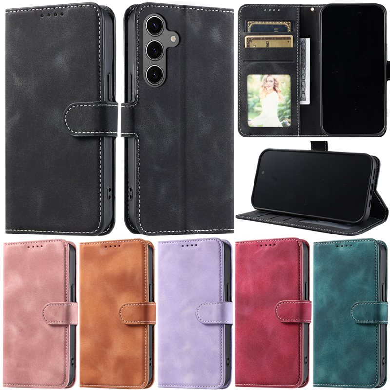 หรูหราสําหรับ Samsung Galaxy S24 FE A55 A35 A15 A25 5G A05S S23 FE S24 Plus S24 + S24 Ultra Retro กระเป๋าสตางค์หนัง PU ช่องใส่การ์ดผิวป้องกันพลิกขาตั้งฝาครอบหลายกรณี