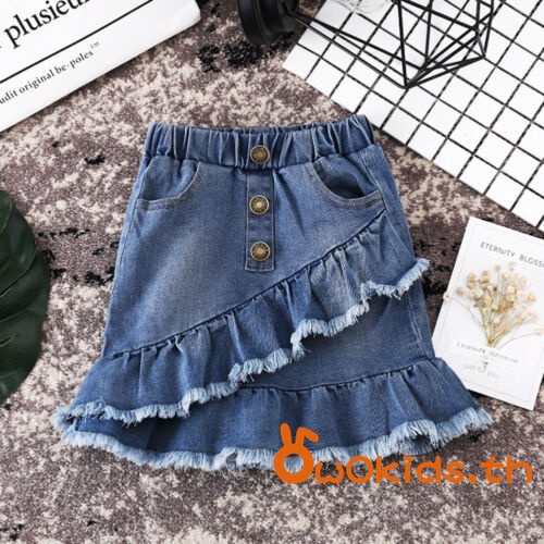 Grao-เด็กสาว A-line กระโปรงจีบ Blue Mini Ruffles ฤดูร้อนกางเกงยีนส์เอวสูง