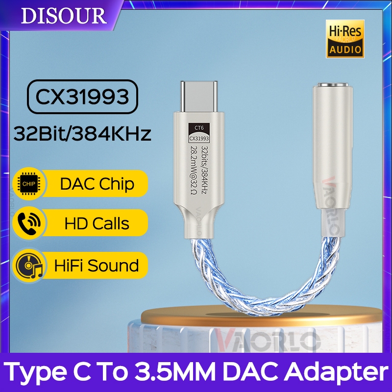 Disour CX3193 USB DAC ประเภท C ถึง 3.5 มม.เครื่องขยายเสียงหูฟัง 32Bit 384KHz HiFi ถอดรหัสเสียงดิจิตอลหูฟังอะแดปเตอร์แปลง