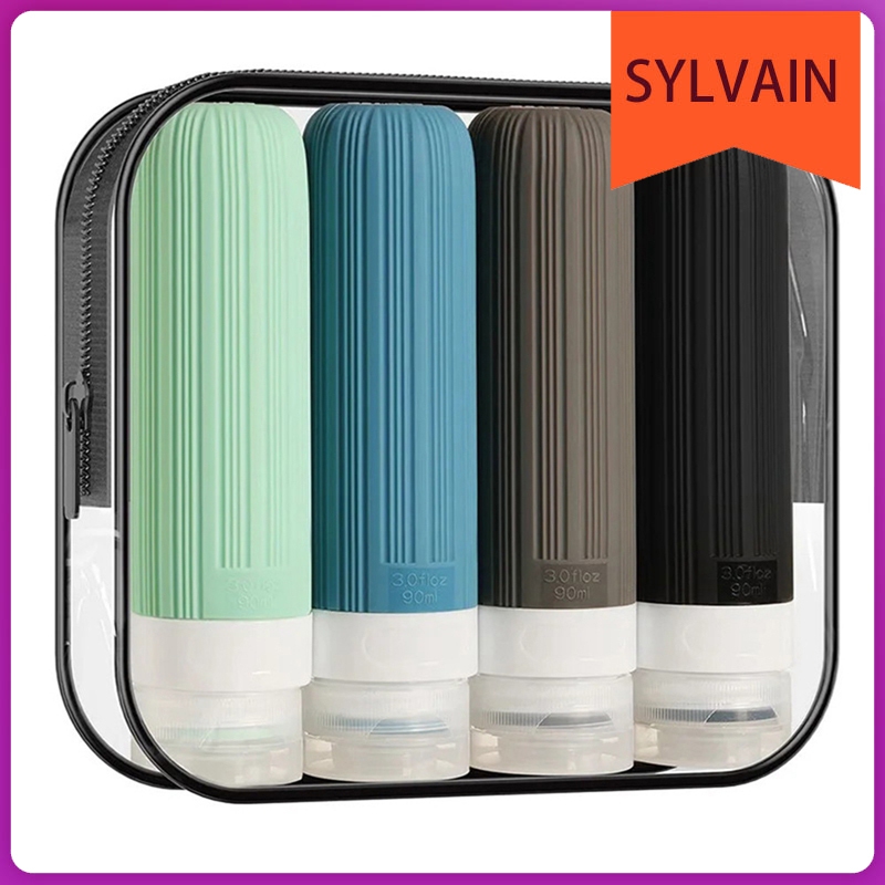 4ชิ้น 90มล แบบพกพา ซิลิโคน ขวดเดินทาง ชุด แชมพู เจลอาบน้ํา ขวดใส่ ขวดรีฟิล ถุงซิป ภาชนะเดินทาง