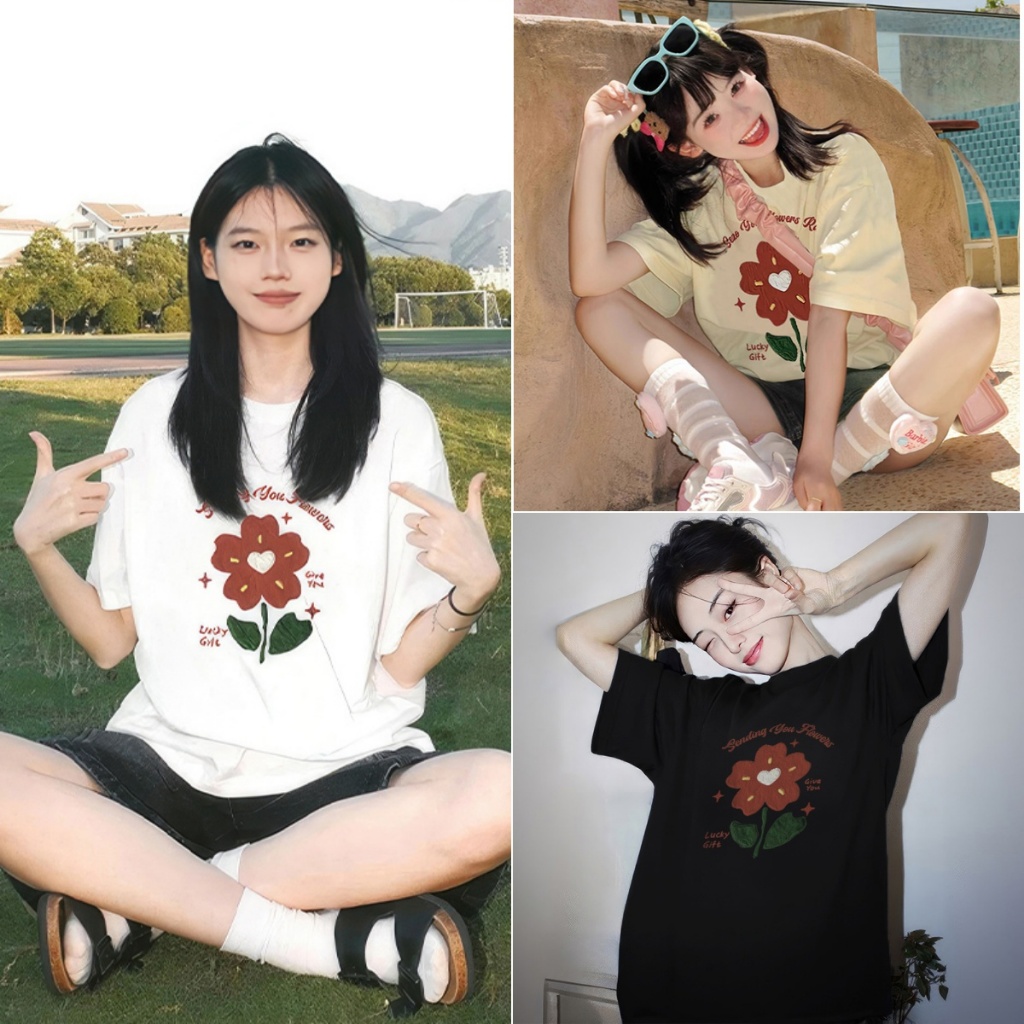 Betty house🌸พร้อมส่ง เสื้อดอกไม้ เสื้อยืดผู้หญิง ผ้ายืดสบาย พิมพ์ลายดอกไม้  สไตล์เกาหลี แขนสั้น
