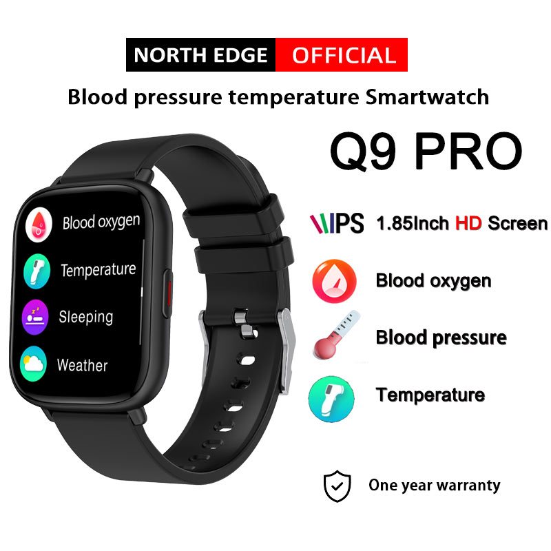 NORTH EDGE 1.85 นิ้วหน้าจอสัมผัสเต็มรูปแบบสุขภาพ smartwatch สนับสนุนอุณหภูมิเลือดออกซิเจนความดันโลหิ