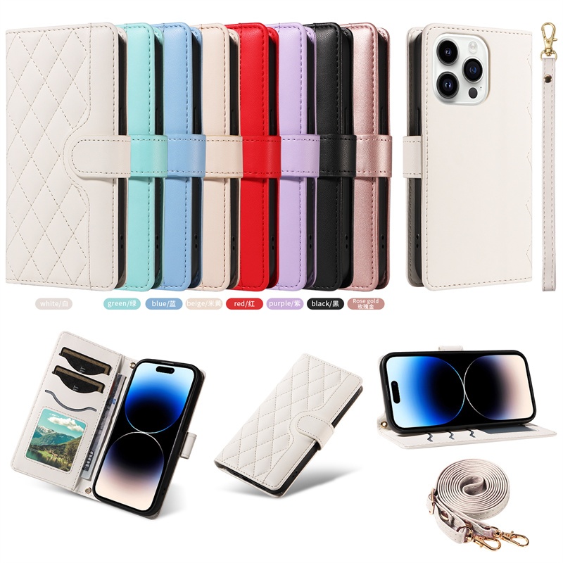 กระเป๋าสตางค์สําหรับ iPhone 16 15 14 Plus 14 Pro Max Luxury Flip Case หนัง PU ฝาครอบแม่เหล็กพร้อมเชือกเส้นเล็ก