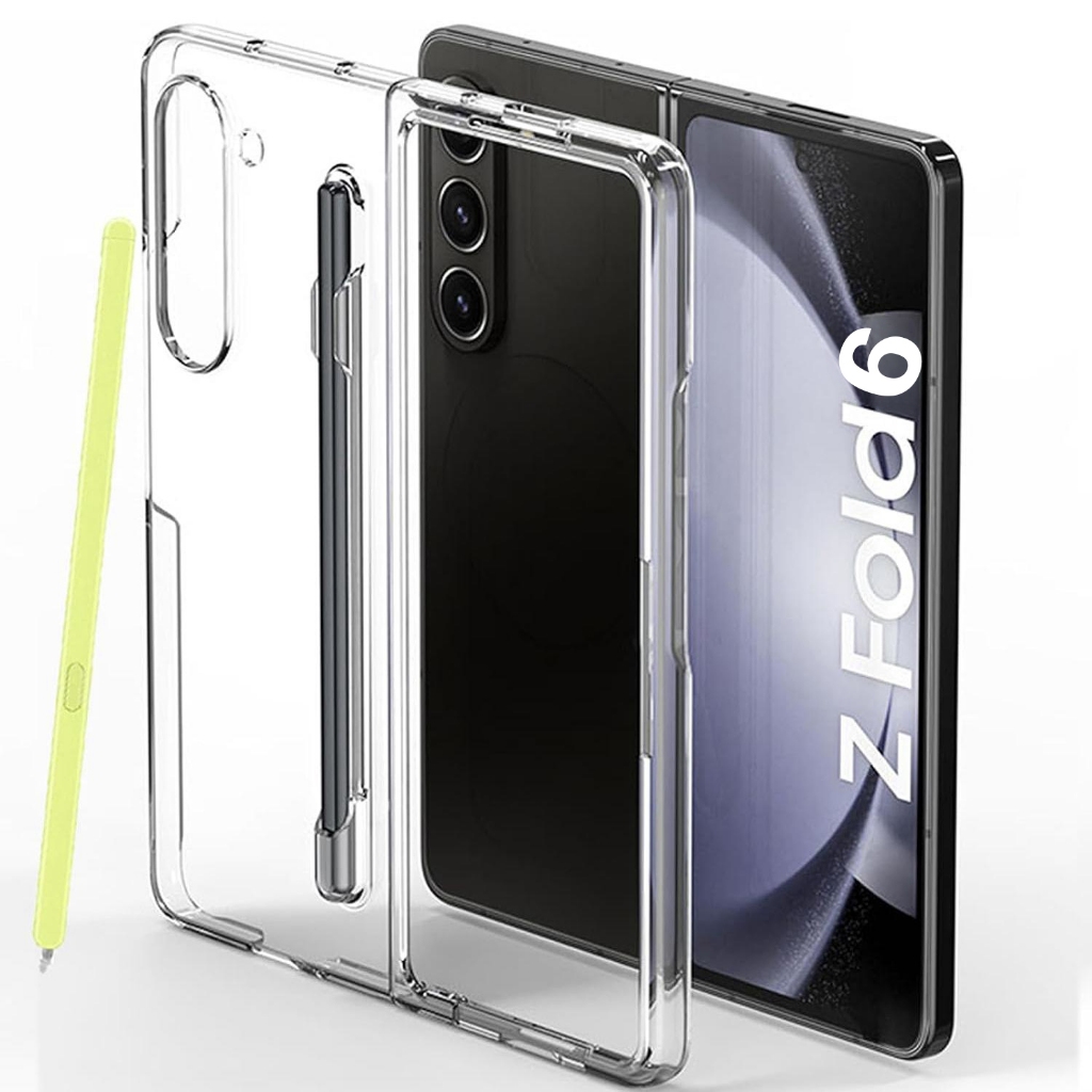 เคสพร้อมที่วางปากกา S สําหรับ Samsung Galaxy Z พับ 6 5 ฝาครอบป้องกันโปร่งใสคริสตัลบางสีเหลือง