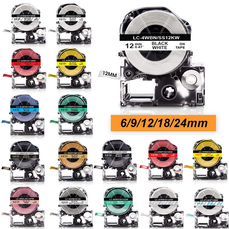 6/9/12/18/24 มม.SS9KW SS12KW SS18KW LC-4WBN ป้ายเทปเติมสําหรับ EPSON LabelWorks / KingJim TepraPro L