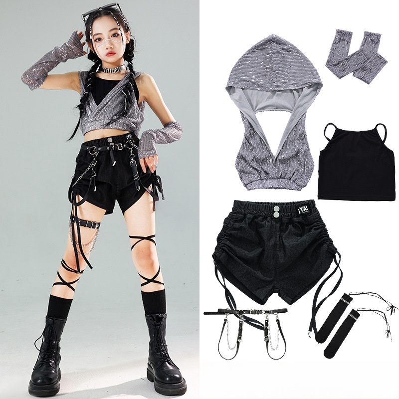 พร้อมส่ง JazzJazz เสื้อยืดกางเกงขายาว / ชุดเต้นรำเนตรนารี / เด็ก ๆ เต้นระบำเปลื้องผ้าสีเงิน